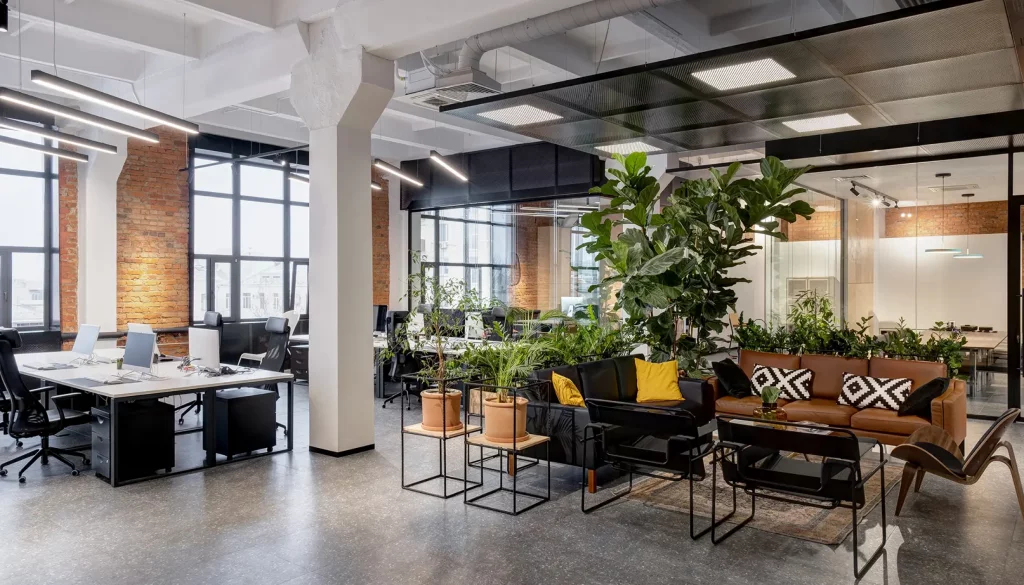 office space with natural lighting, stylish decor, and comfortable seating